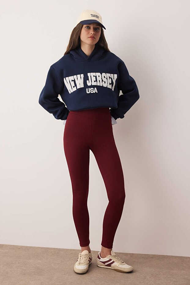 Claret Red High Waist Basic Elastic Waist Interlock Knitted Tights TWOAW20TA0047 - 1