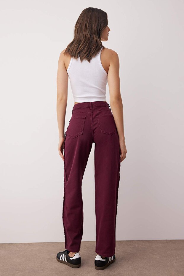 Bordo Yüksek Bel Dikiş Detaylı Baggy Jeans TWOAW26JE00036 - 4