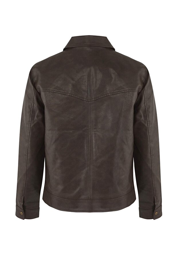 Kahverengi Regular Fit %100 PU Suni Deri Erkek Mont TMNAW26MO00010 - 7