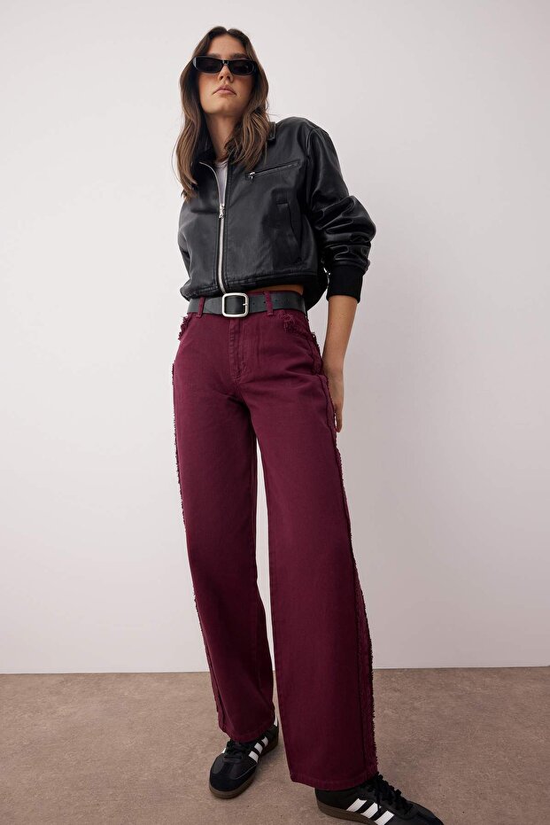 Bordo Yüksek Bel Dikiş Detaylı Baggy Jeans TWOAW26JE00036 - 1