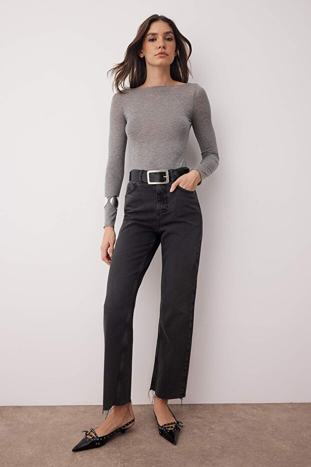 Antrasit Yüksek Bel Straight Düz Paça Jeans TWOAW26JE00185 - 2