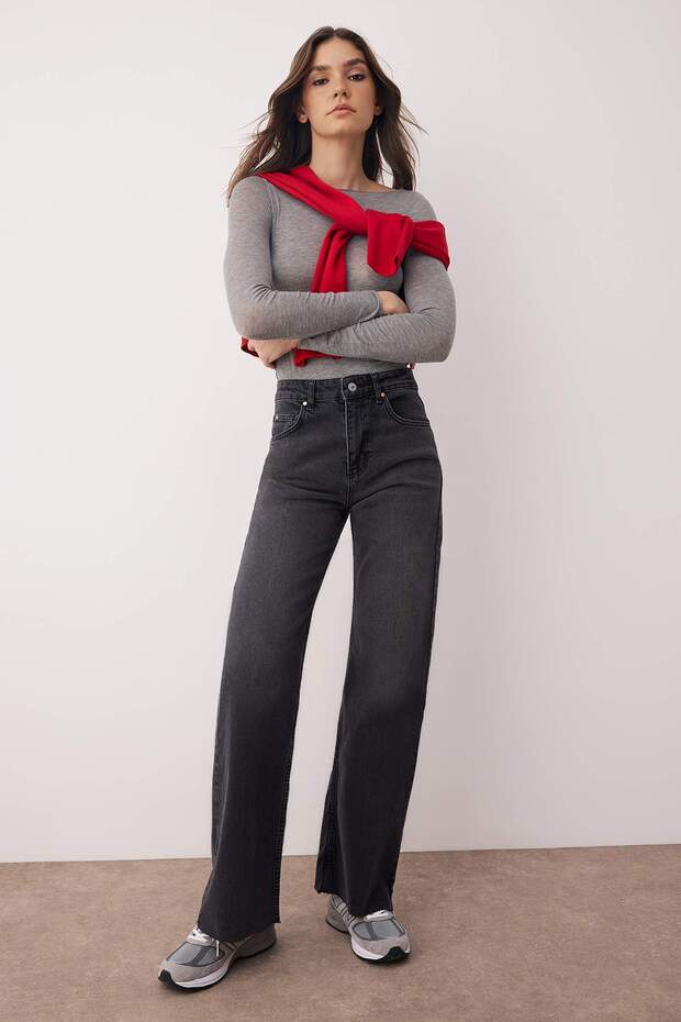 Siyah Yüksek Bel Paçası Kesikli Wide Leg/Geniş Paça Palazzo Comfort/Esnek Smoke Jeans TWOAW26JE00081 - 1