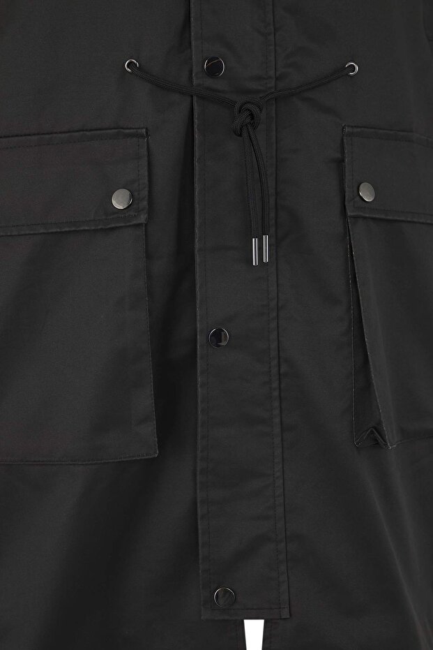 Siyah Unisex Fitted Uzun Kadife Yaka Mevsimlik Şık Erkek Mont TMNAW26MO00009 - 6
