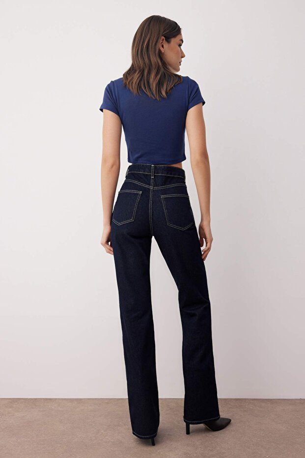 Koyu Mavi Yüksek Bel Straight/Düz Kesim %100 Pamuk Jeans TWOAW26JE00025 - 4