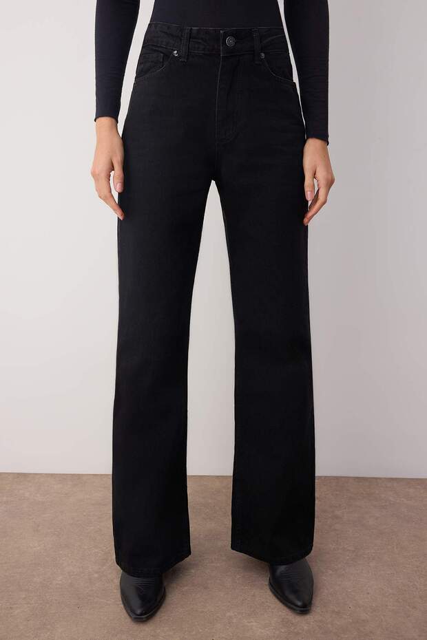 Siyah Yüksek Bel Kuşgözü Bağlama Detaylı Wide Leg Palazzo Jeans TWOAW26JE00128 - 3
