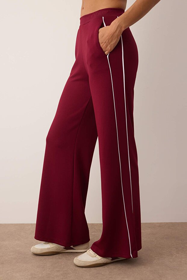 Bordo Biyeli Wide Leg/Geniş Paça Örme Spor Eşofman Altı THMAW26EA00001 - 3