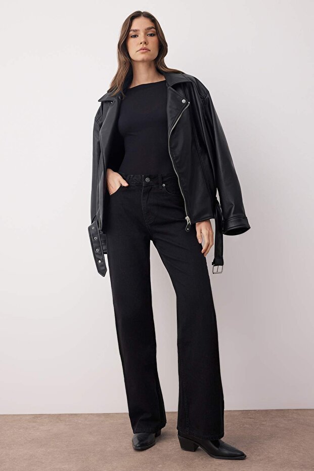 Siyah Yüksek Bel Kuşgözü Bağlama Detaylı Wide Leg Palazzo Jeans TWOAW26JE00128 - 2