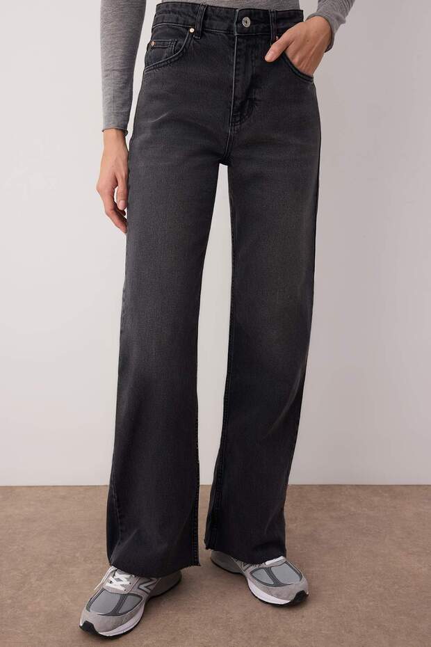 Siyah Yüksek Bel Paçası Kesikli Wide Leg/Geniş Paça Palazzo Comfort/Esnek Smoke Jeans TWOAW26JE00081 - 3