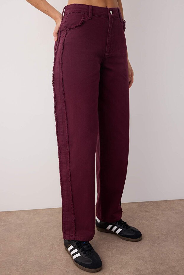 Bordo Yüksek Bel Dikiş Detaylı Baggy Jeans TWOAW26JE00036 - 3