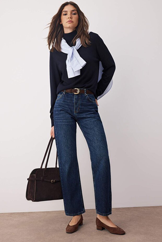 Koyu Mavi Yüksek Bel Straight Boru Paça Düz Kesim %100 Pamuk Non-Stretch Jeans TWOAW26JE00063 - 1