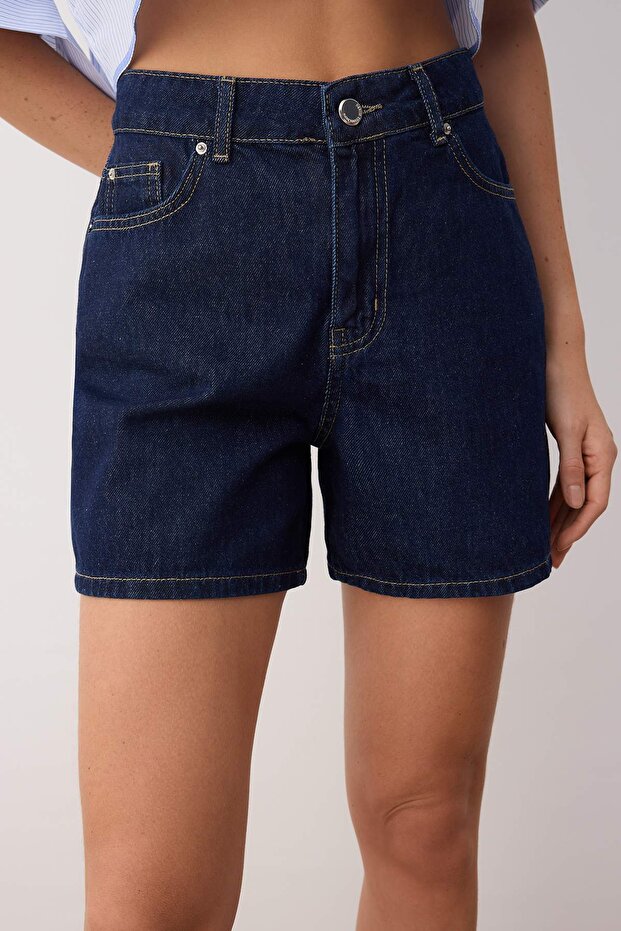 Koyu Mavi Yüksek Bel City Boy Denim Şort TWOSS25SR00172 - 3