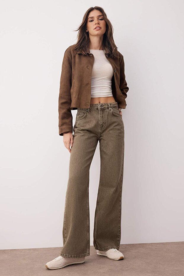 Haki Yüksek Bel Vintage Yıkama Geniş Paça Wide Leg %100 Pamuk Non-Stretch Jeans TWOAW26JE00126 - 2