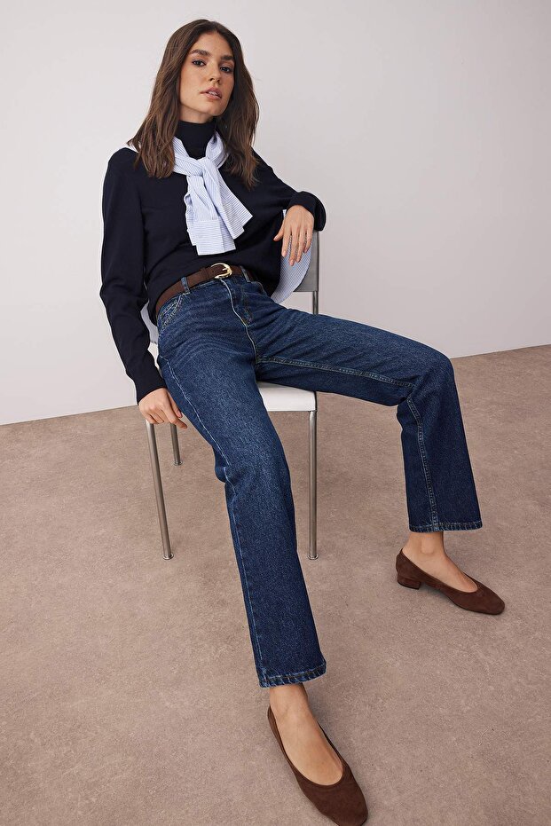 Koyu Mavi Yüksek Bel Straight Boru Paça Düz Kesim %100 Pamuk Non-Stretch Jeans TWOAW26JE00063 - 2