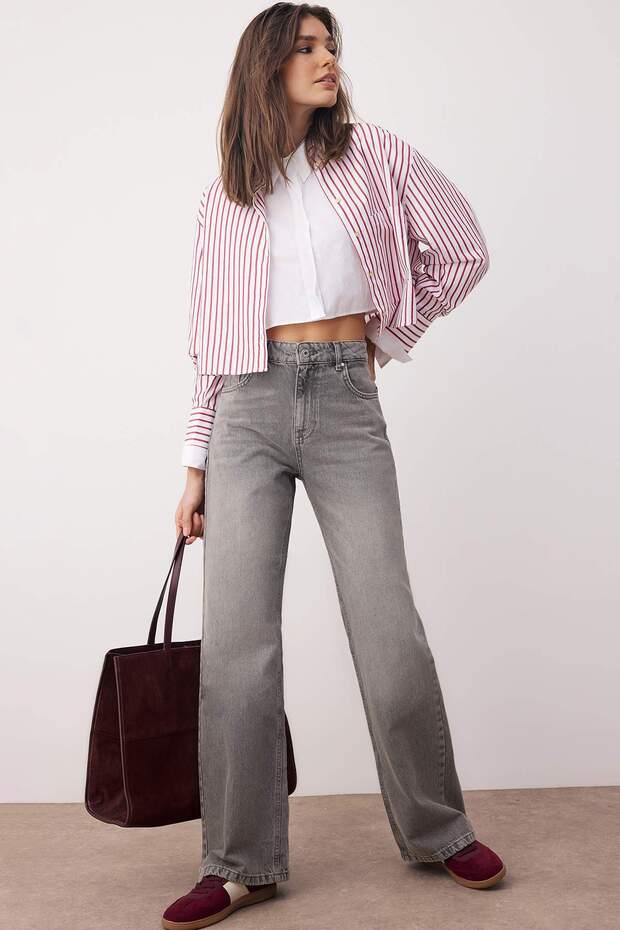 Gri More Sustainable Yüksek Bel Geniş Paça Wide Leg Jeans TWOAW26JE00079 - 1