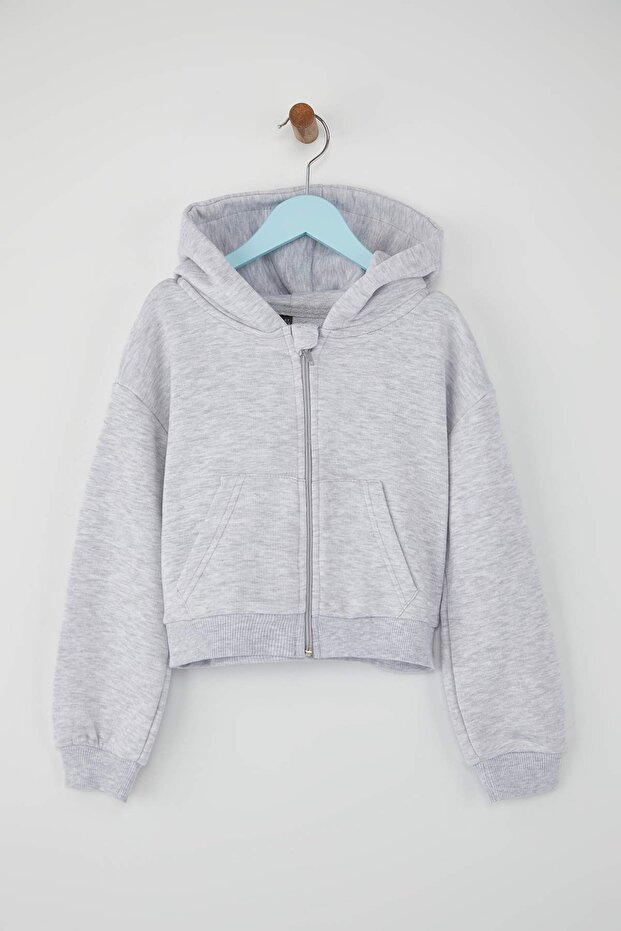 Gri Melanj Pamuklu Crop Fit Düz/Basic Kapüşonlu Overize Örme Kız Çocuk Hırka TKDAW26HI00001 - 3