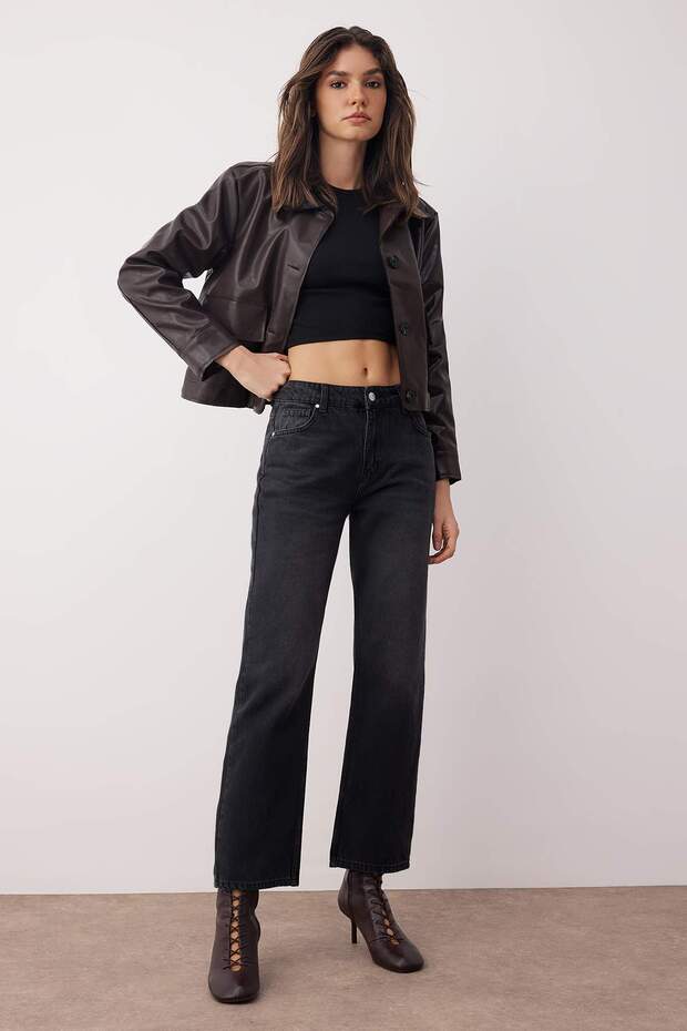 Siyah More Sustainable Normal Bel Yeni Straight Smoke Jeans TWOAW26JE00204 - 1