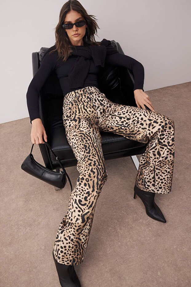 Çok Renkli Animal Leopar Desenli Yüksek Bel Geniş Paça Wide Leg Jeans TWOAW26JE00160 - 2