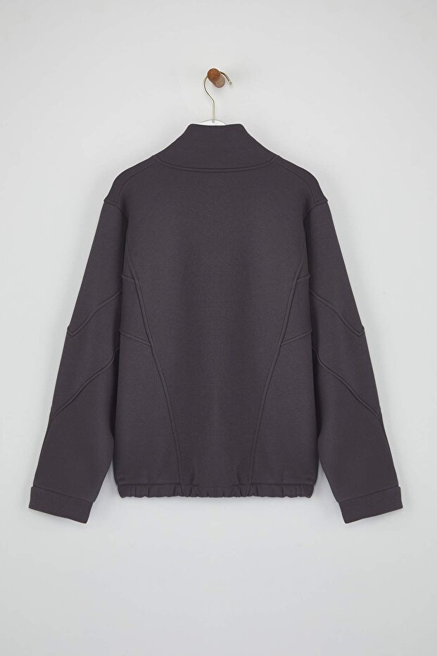 Antrasit Fermuarlı Dikiş Detaylı Dik Yaka Bomber Örme Sweatshirt TWOAW26SW00037 - 6