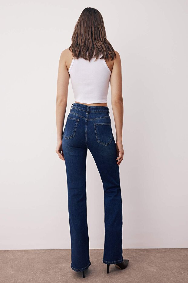 Koyu Mavi Yüksek Bel Comfort/Esnek Comfort Flare Jeans TWOAW26JE00049 - 4