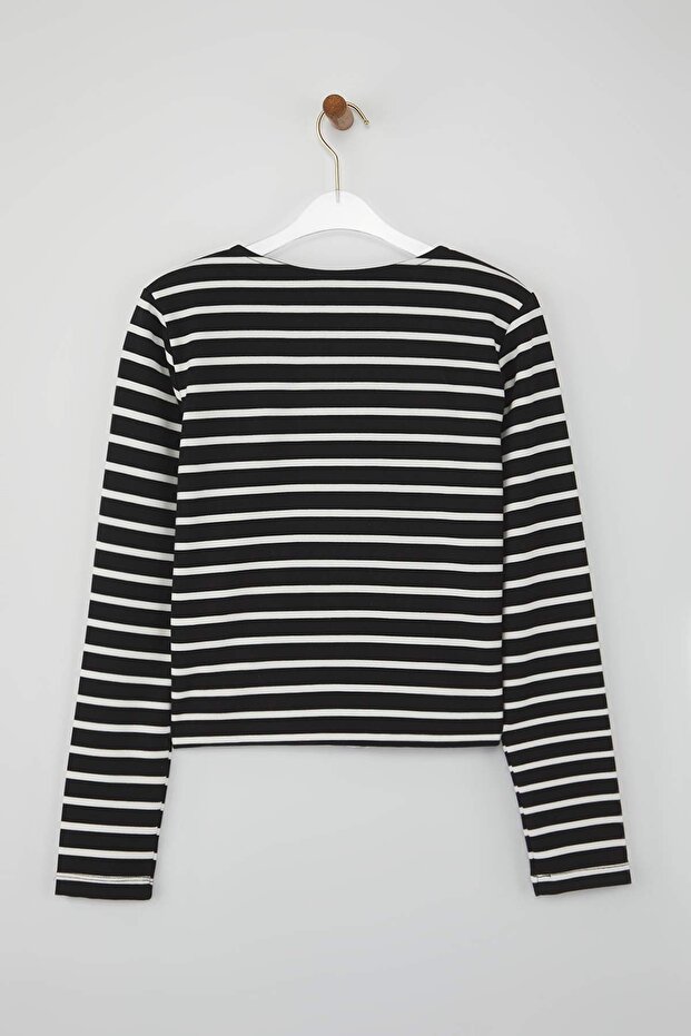 Black Striped Wadding Detail Button Regular/Regular Fit Interlock Stretch Knitted Blouse Twoaw26Bz00017 - 6