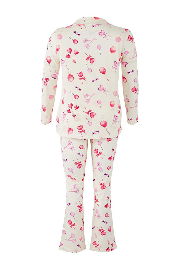 Ekru %100 Pamuklu Kalp Desenli Gömlek-Pantolon Örme Pijama Takımı TBBAW26AI00017 - 7