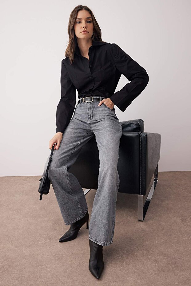 Gri Yüksek Bel Geniş Paça Wide Leg Palazzo %100 Pamuk Non-Stretch Jeans TWOAW26JE00066 - 1