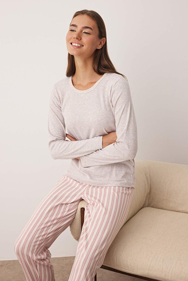 Bej-Pembe Üst Fitilli, Alt Pamuklu Çizgili Örme Pijama Takımı THMAW26PT00095 - 2