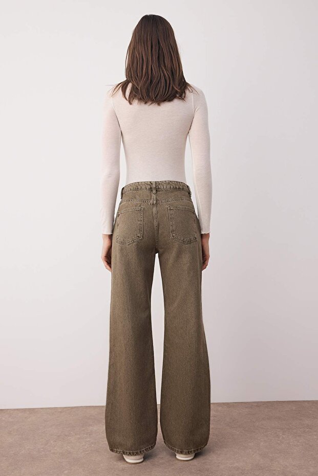 Haki Yüksek Bel Vintage Yıkama Geniş Paça Wide Leg %100 Pamuk Non-Stretch Jeans TWOAW26JE00126 - 4