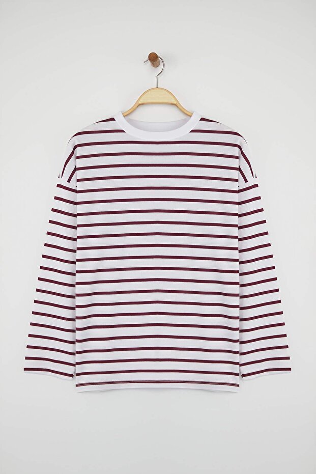Ekru Çizgili Oversize/Geniş Kesim Bisiklet Yaka İnce Örme Sweatshirt TWOAW23SW00326 - 5