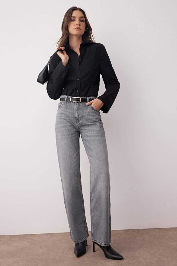 Gri Yüksek Bel Geniş Paça Wide Leg Palazzo %100 Pamuk Non-Stretch Jeans TWOAW26JE00066 - 2