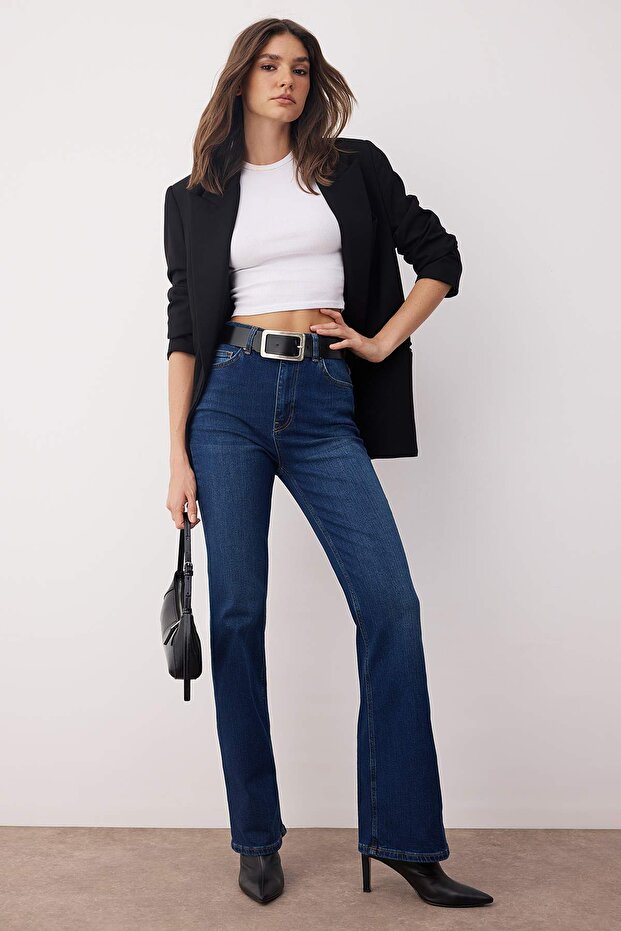 Koyu Mavi Yüksek Bel Comfort/Esnek Comfort Flare Jeans TWOAW26JE00049 - 1