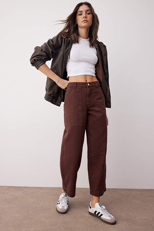 Kahverengi Yüksek Bel Cep Detaylı Loose Baggy Jeans TWOAW26JE00123 - 1