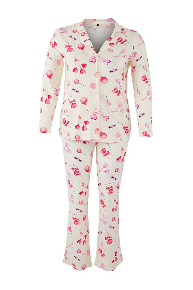 Ekru %100 Pamuklu Kalp Desenli Gömlek-Pantolon Örme Pijama Takımı TBBAW26AI00017 - 5