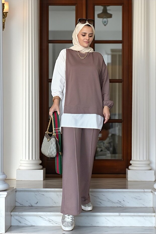 Plus Size Shirt Double Set - Coffee - 5