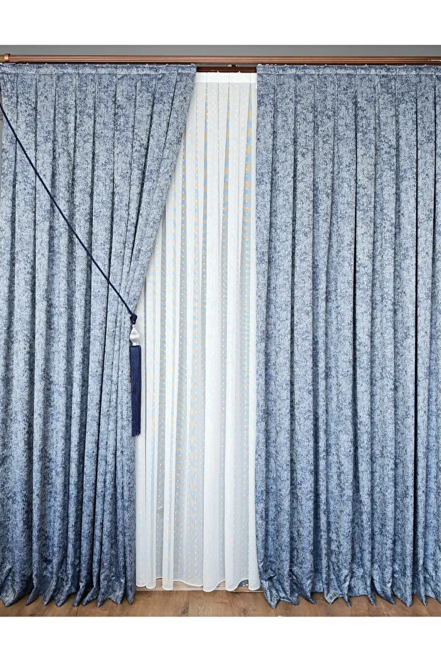 Trojan Blue Double Wing Sparse Pleated Jacquard Satin Textured Background Curtain with Bright Pattern80 X 270 - 6