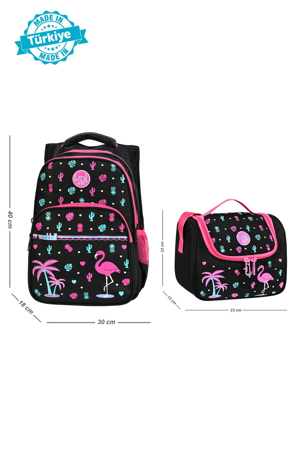 Combination Black Flamingo Bat Girl Primary School Bag and Thermal Lunch Bag Set