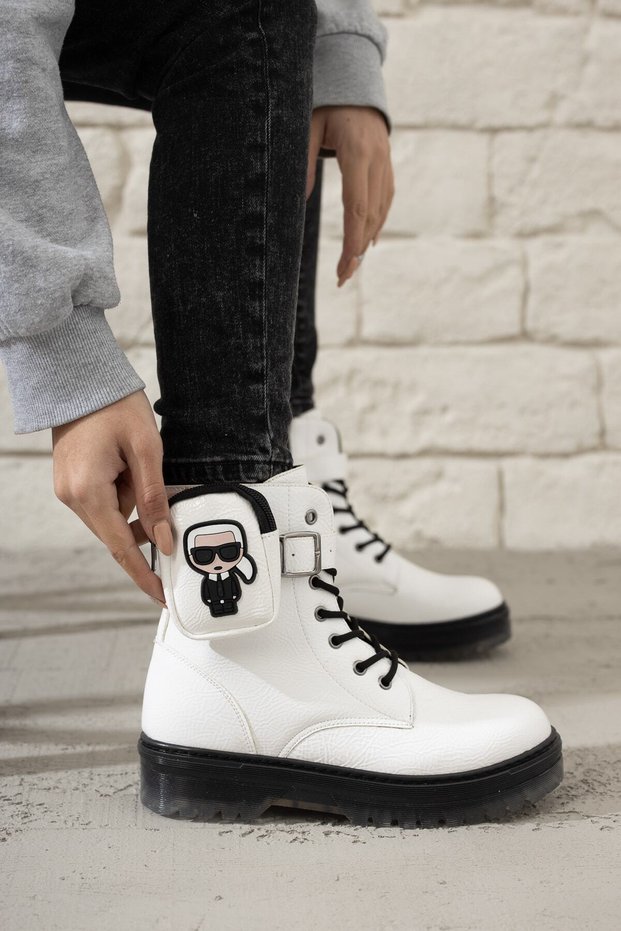 White Patent Leather Zippered Girls' Boots with Pocket Detail
