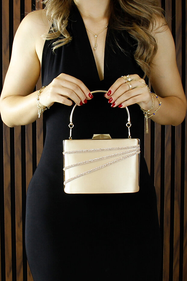 Ten Satin Stone Metal Handle Chain Strap Evening Dress Bag