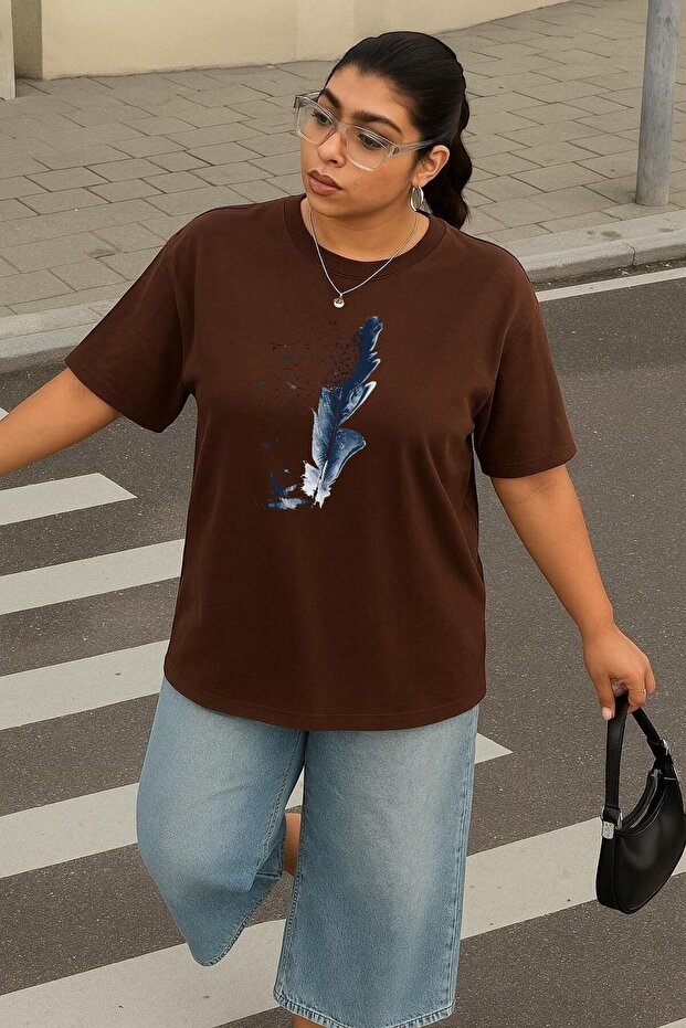 Large Size Blue Feather Printed Unisex T-Shirt