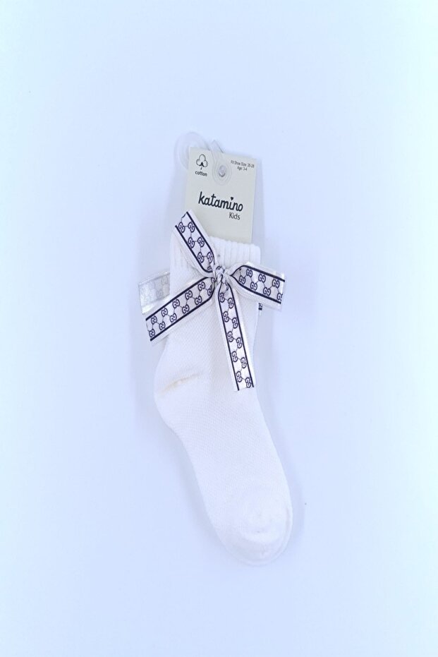 1 Pack Girls' Ribbon Detailed Ecru Socks