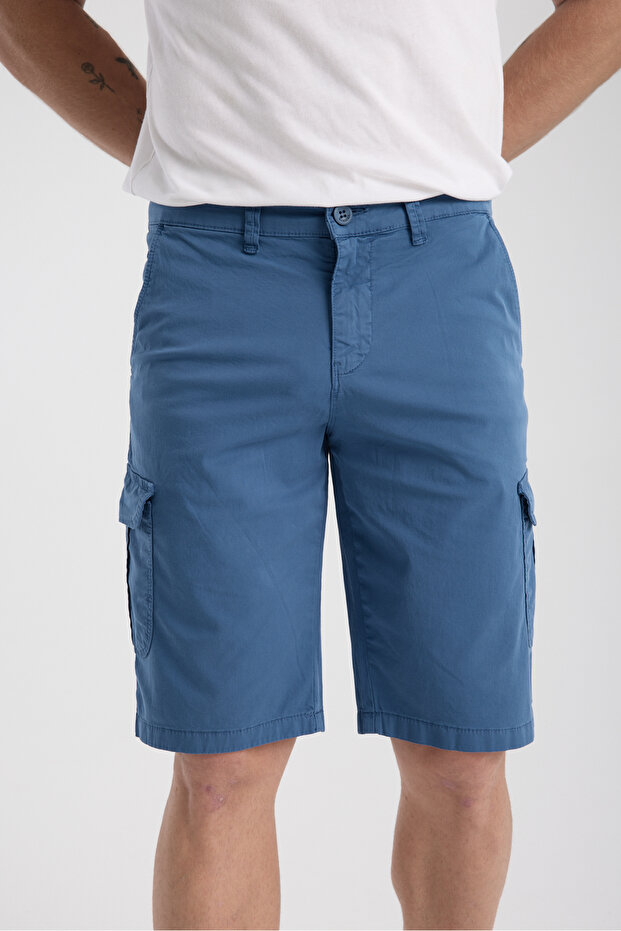 Kargo Cepli Mavi Pamuklu Chino Şort - 5