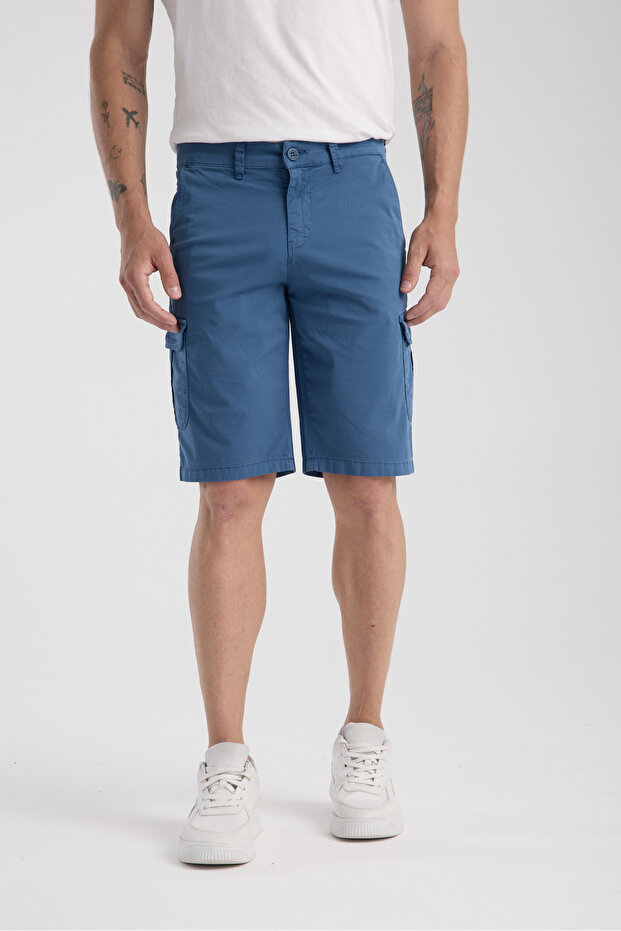 Kargo Cepli Mavi Pamuklu Chino Şort - 2