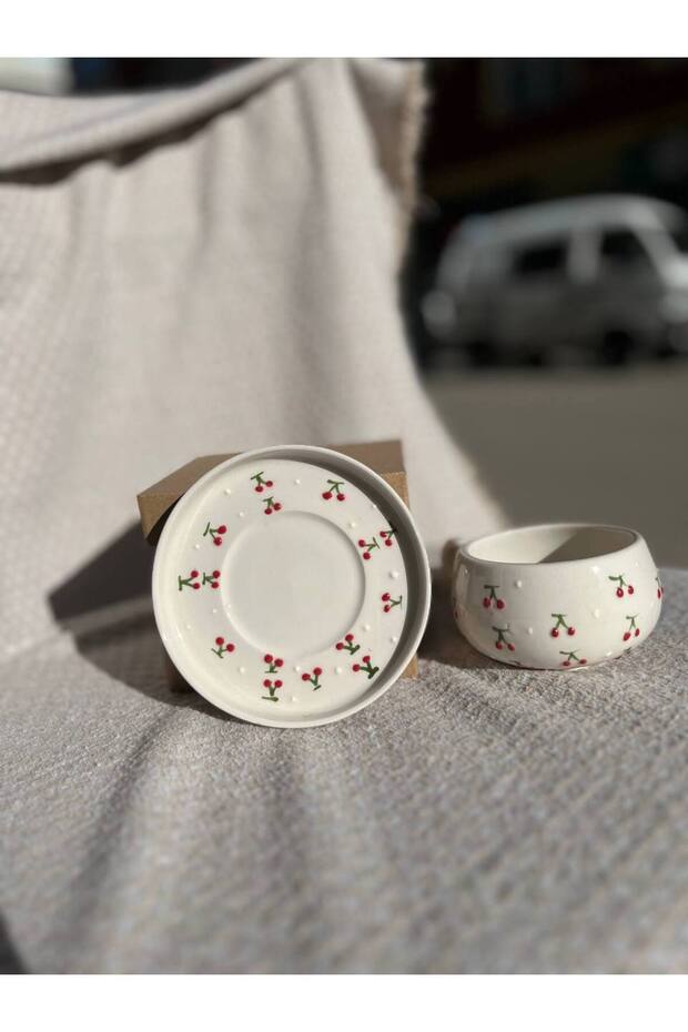 Cherry Pattern Hand-Embroidered Plate Ceramic Mug, Mug Turkish Coffee, Tea Glass