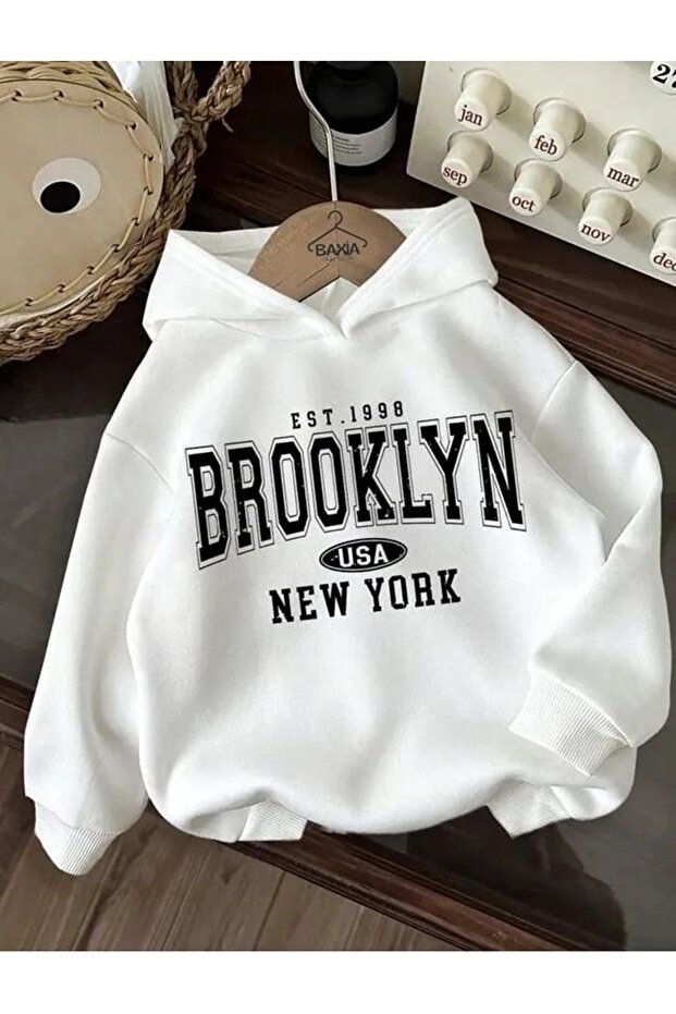 BLACK NİCE BEYAZ RENK NY Baskılı Kız/Erkek Çocuk Kapüşonlu Sweatshirt (YENİ ÜRÜN)