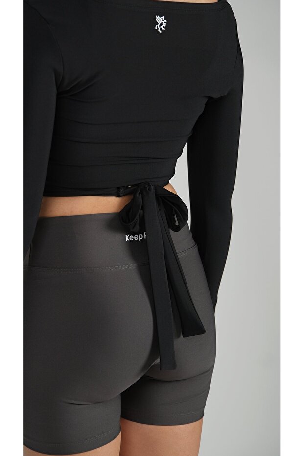 Anvelop Belden Bağlamalı Crop Bluz Siyah - 7