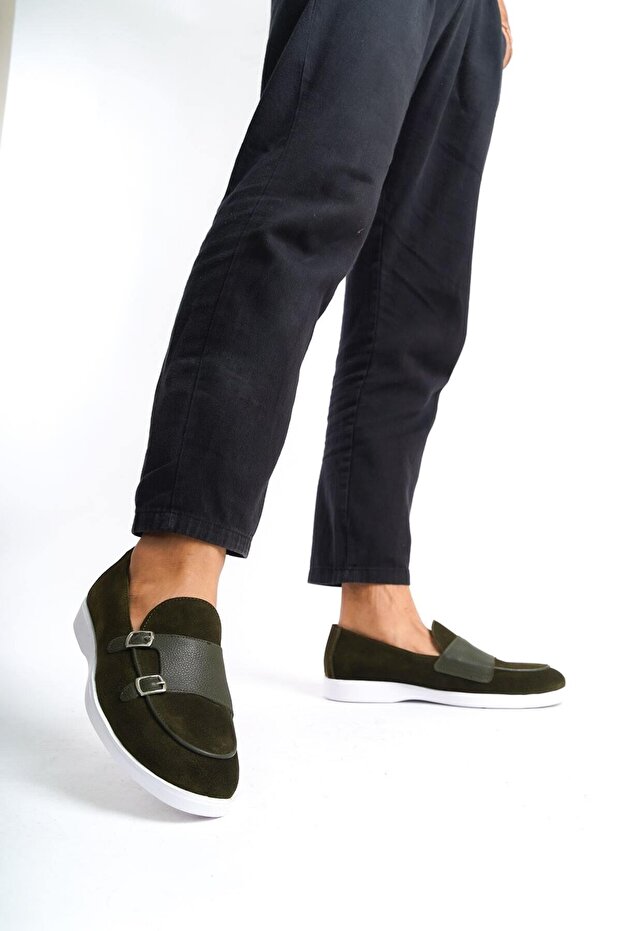 Genuine Leather Mbkry105-Hk Men's Buckle Detail Khaki Loafer