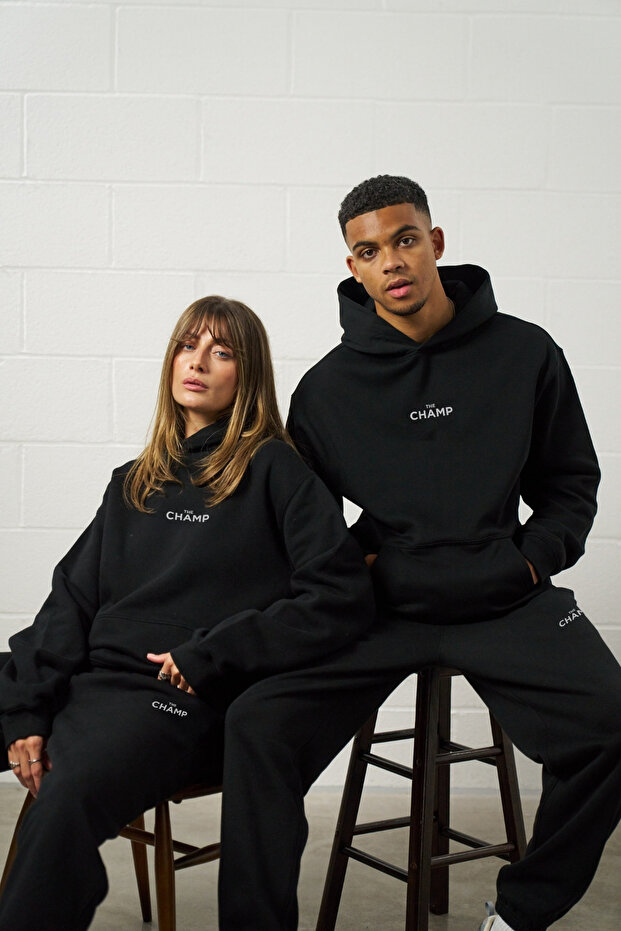 Hooded Unisex Oversize Tracksuit Set Medium Thechamp Printed Black – Cotton Jogger & Sweatshirt