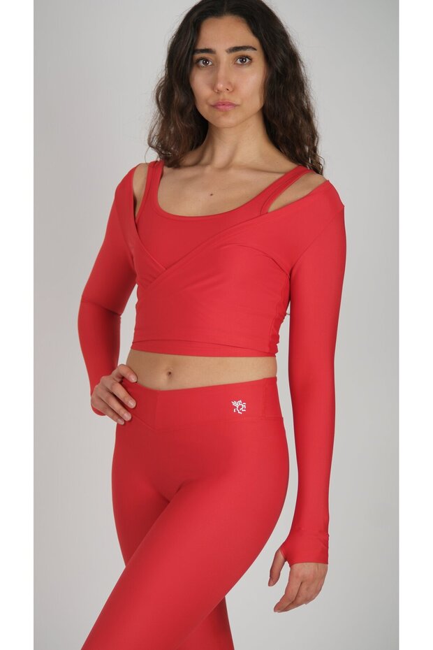 Anvelop Belden Bağlamalı Crop Bluz Kırmızı - 7