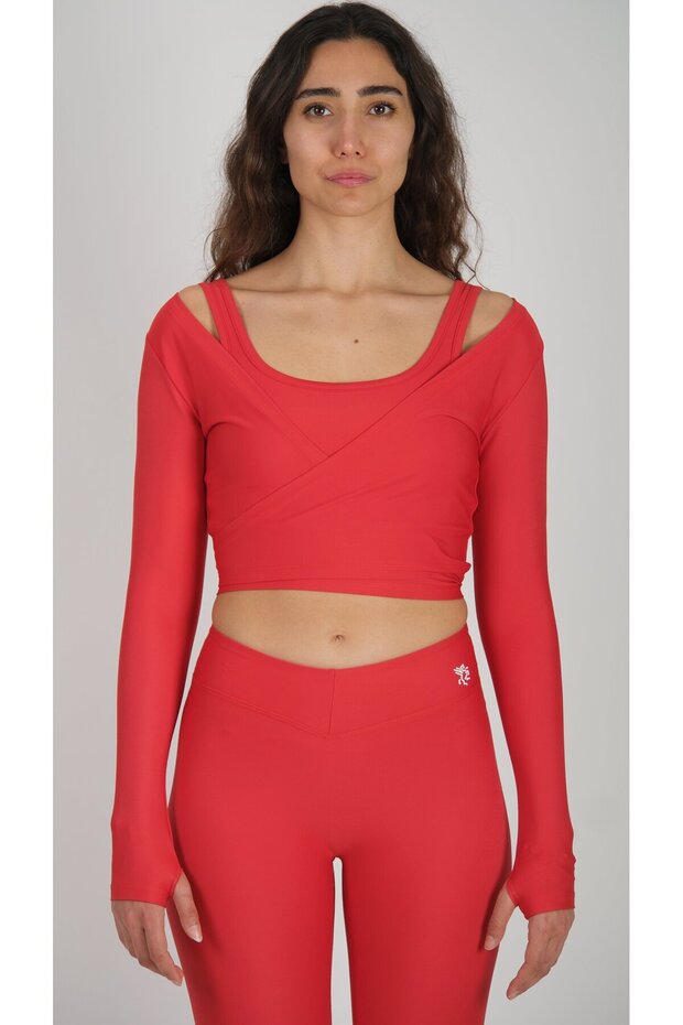 Anvelop Belden Bağlamalı Crop Bluz Kırmızı - 3