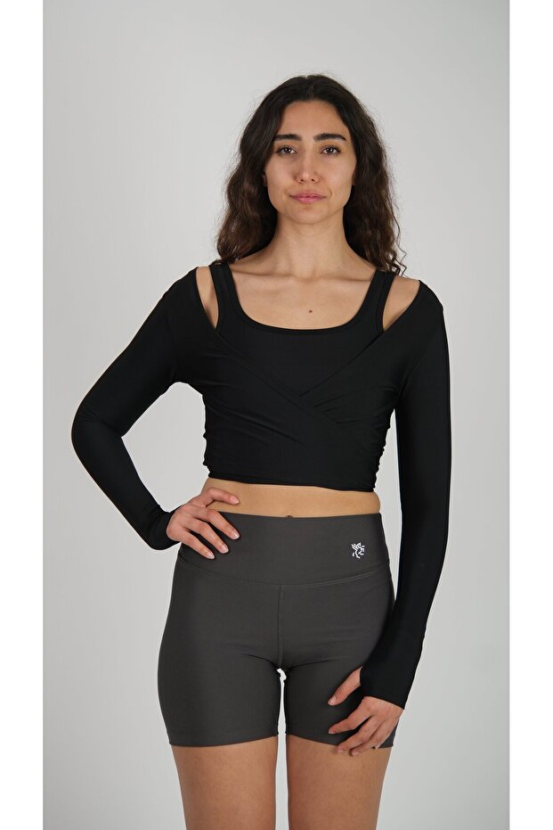Anvelop Belden Bağlamalı Crop Bluz Siyah - 8